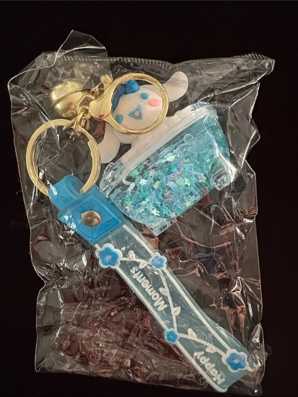 Cute Blue Cinnamoroll in Glitter Boba Balls Bath Tub Keychain Bag Charm